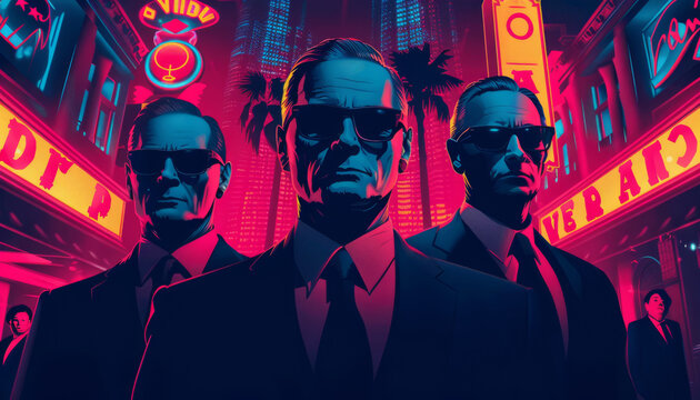 A rich man's boss stands with bodyguards on the streets of Las Vegas.