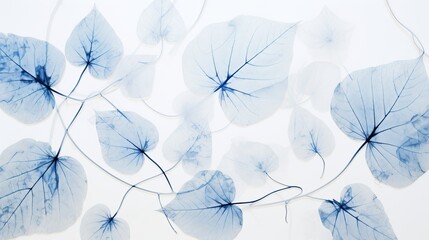 The sun-printing or cyanotype process produces a striking image of a skeleton leaf, showcasing intricate details in shades of blue.