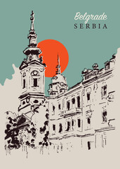 Drawing sketch illustration of the Michael the Archangel Church in Belgrade, Serbia
