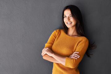 Portrait, mockup and Mexican woman in fashion with smile, clothes and sweater isolated on gray...