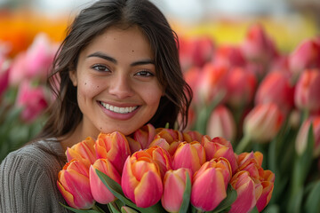 Young smiling Indian woman with a bouquet of tulips.