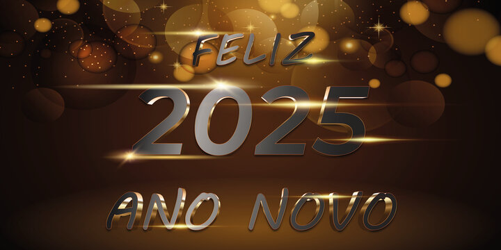 cartão ou banner para desejar um feliz ano novo 2025 em ouro e cinza em um fundo gradiente preto e marrom com círculos em efeito bokeh