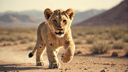 A young lion cub runs through a desert area, kicking up a cloud of dust. Concept: environmental campaigns, documentary projects about wildlife, animals of African fauna