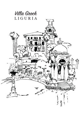 Drawing sketch illustration of the Villa Grock in Liguria, Italy