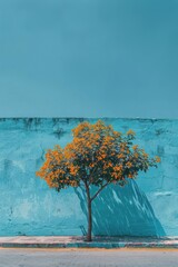 Fototapeta na wymiar Tree Painting in Front of Blue Wall