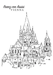 Drawing sketch illustration of the Franz von Assisi catholic church in Vienna, Austria