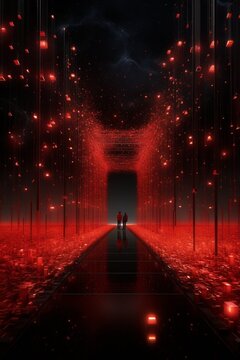 Abstract Red Cyber Background With Door In Center.