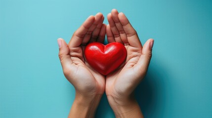 Hands Holding a Red Heart on a Blue Background, GENERATIVE AI