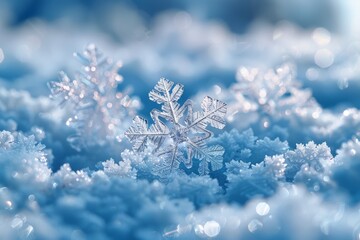 Extreme close-up showcasing the intricate details of snowflakes set against a beautiful soft blue background
