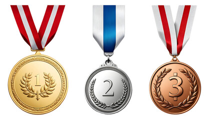 Medalhas de ouro, prata e bronze. Medalhas primeiro, segundo e terceiro lugar  - obrazy, fototapety, plakaty