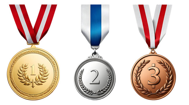 Medalhas de ouro, prata e bronze. Medalhas primeiro, segundo e terceiro lugar 