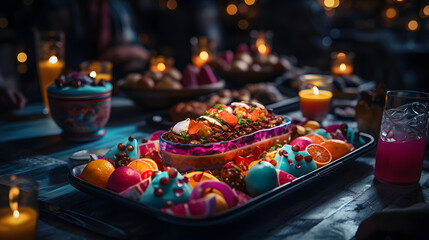 A vibrant and festive Eid-ul-Fitr celebration with colorful illuminations, traditional sweets, and merry gatherings Generative AI - obrazy, fototapety, plakaty