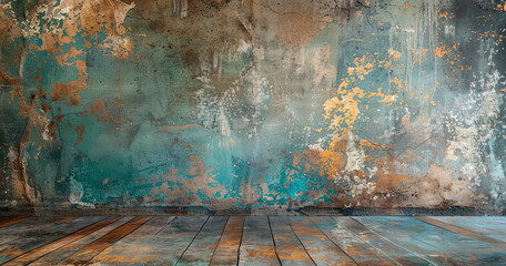 Grunge texture, vintage artistic backdrop, featuring a worn, multicolored concrete wall and a rustic aged floor.	