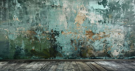 Grunge texture, vintage artistic backdrop, featuring a worn, multicolored concrete wall and a rustic aged floor.	