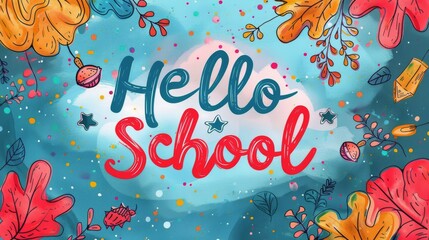 Fototapeta na wymiar Vibrant Painting of Hello School Sign Among Colorful Objects