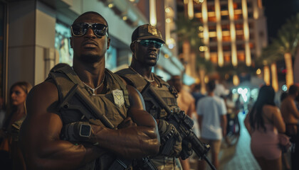 Fototapeta premium Two strong security guards guard the entrance to the casino on the streets of the city.