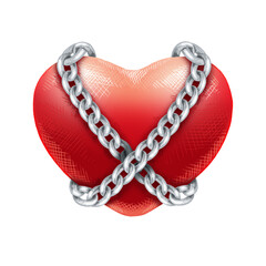 Cartoon red three-dimensional heart with silver chains. Hand-drawn, hatching. Romance, Valentine's Day. Illustration on a transparent background.
