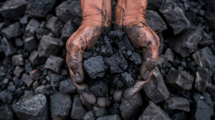 Worker's Hands Holding Coal with Pile of Coal in Background