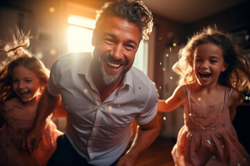 white father and daughters having fun at home for father's day - obrazy, fototapety, plakaty