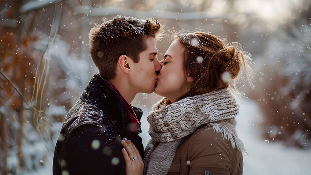 young couple kissing, romantic scene, romantic young couple is hugging