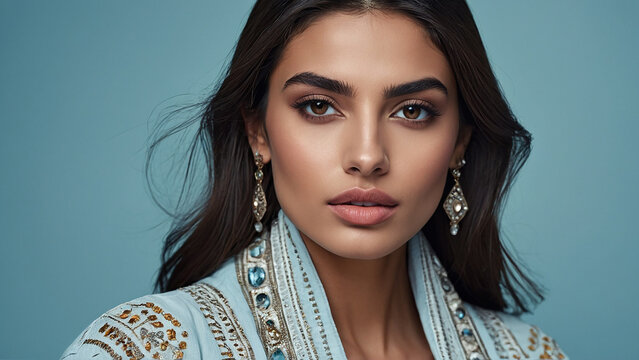 Beautiful young Arab woman, flawless, radiant skin cosmetology and skin care concept. Light blue color background