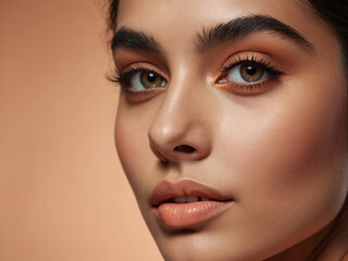 Fototapeta premium Beautiful young Arab woman, flawless, radiant skin cosmetology and skin care concept. Peach fuzz color background