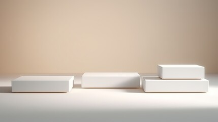White square podiums bathed in sunlight cast shadows on a white background, creating a trendy fashion showcase ideal for cosmetic products, goods, shoes, bags, and watches.