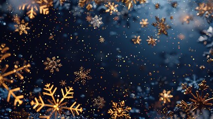 Fototapeta na wymiar Winter Background with Gold and Navy Snowflakes, Generated by AI
