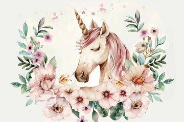 Whimsical watercolor illustration of a unicorn surrounded by a floral wreath With soft pastel colors