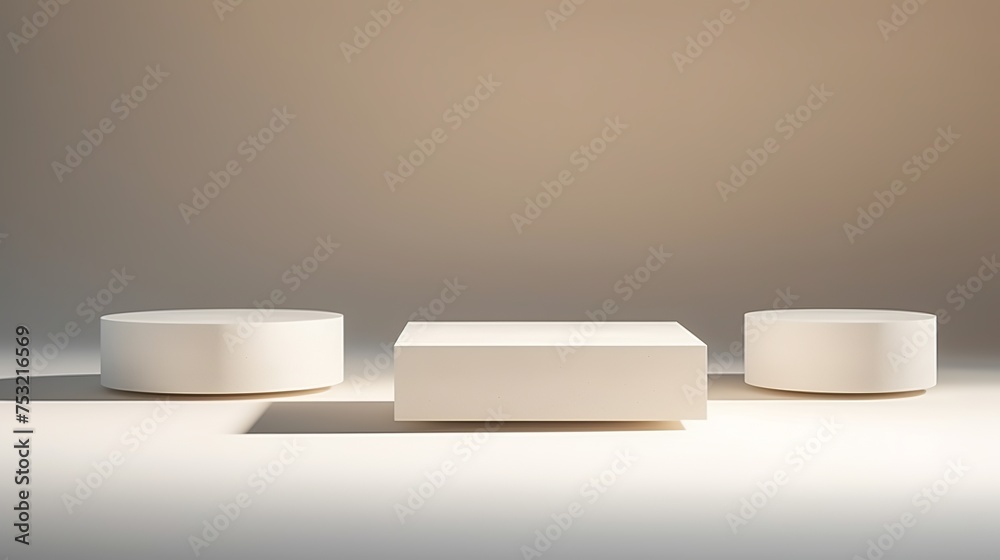 Wall mural white square podiums bathed in sunlight cast shadows on a white background, creating a trendy fashio