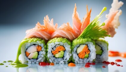 A perfect sushi made out of wasabi and fish explosion, surreal, macro photography.