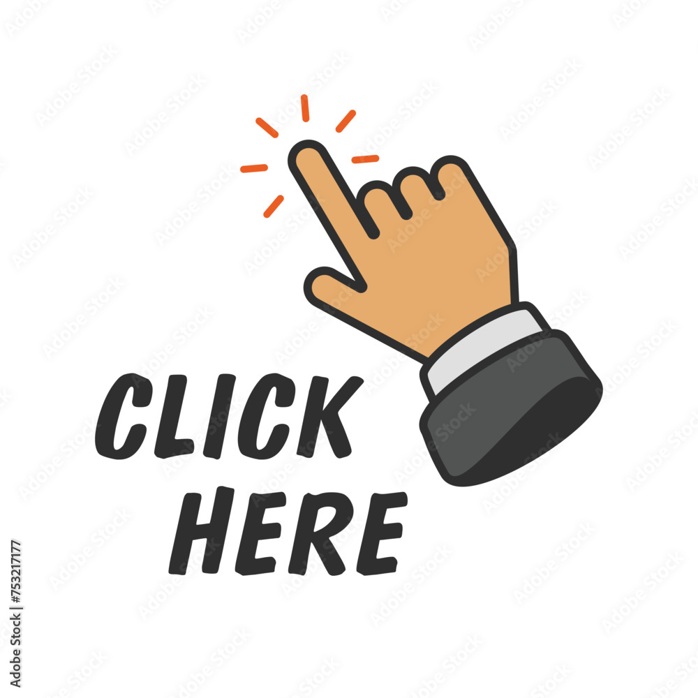 Fototapete click here button with hand pointer clicking. vector click web sign cursor symbol. illustration in f