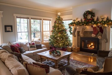 Cozy holiday living room decorated with seasonal festivity Including a sparkling christmas tree Garlands And a warmly lit fireplace Creating a welcoming atmosphere for family gatherings