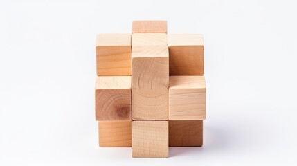 Wooden geometric shapes in the form of cubes are isolated on a white background, providing a versatile element for various design projects.