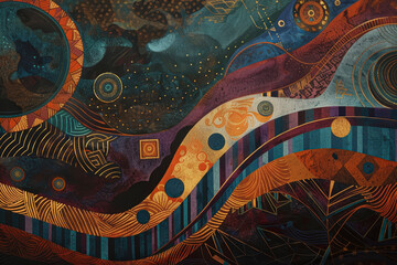 A tribal rhythm--waves of earth tones pulse across the canvas.