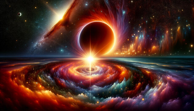 A imagem foi criada com a cena abstrata solicitada, apresentando um buraco negro próximo de uma estrela nascendo e um novo planeta, dentro de um contexto cósmico.