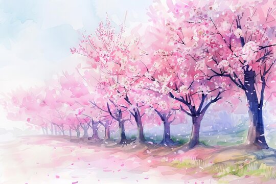 Serene watercolor landscape featuring a row of cherry blossom trees in full bloom Gentle spring breeze On a soft pastel background