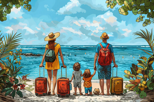 Young married couple with two children, recently arrived from vacation to the beach. They still carry the travel suitcases in their hands.