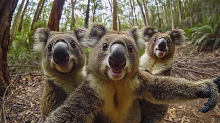 Cute koala cubs taking selfies in the forest