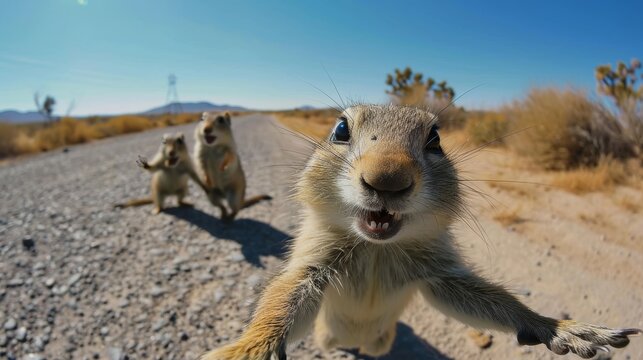 Prairie dog takes a picture with friends walking down the road
