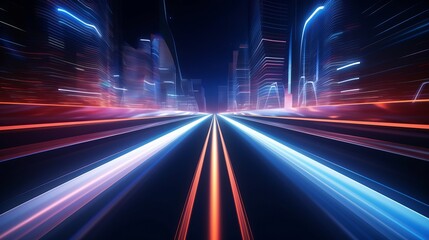 Fototapeta na wymiar A 3D render presents abstract futuristic neon background with glowing ascending lines, resembling light trails on a road at night. It offers a fantastic wallpaper option.