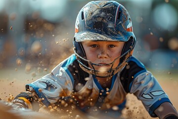 Action shot of a youth baseball catcher with helmet on, mid-game, covered in dust