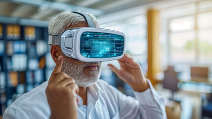 Man with white hair experiencing virtual reality, white headset showing digital blue data streams
