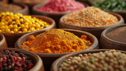 Different kind of spices in the market. Oriental cuisine concept. Selective focus. Copy space 