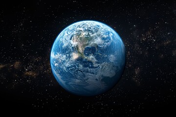 Obraz premium A sharp image showcasing Earth's texture with visible landmasses against the dark expanse of space, highlighting the planet's beauty and fragility
