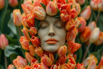 An art photo of a woman in red tulips. The concept of the women's holiday on March 8th