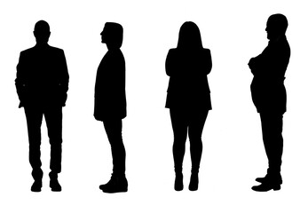silhouette of a group of standing men and women dressed in a jacket