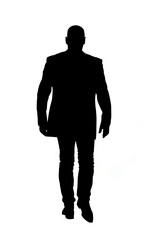 back view of a  silhouette of a bald man walking dressed in a ,jacket