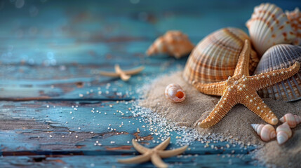 Summer time concept with sea shells and starfish on a blue wooden background and sand.