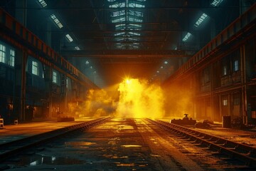 Fototapeta premium Mysterious industrial interior bathed in yellow light with mist adding a sense of depth and eeriness